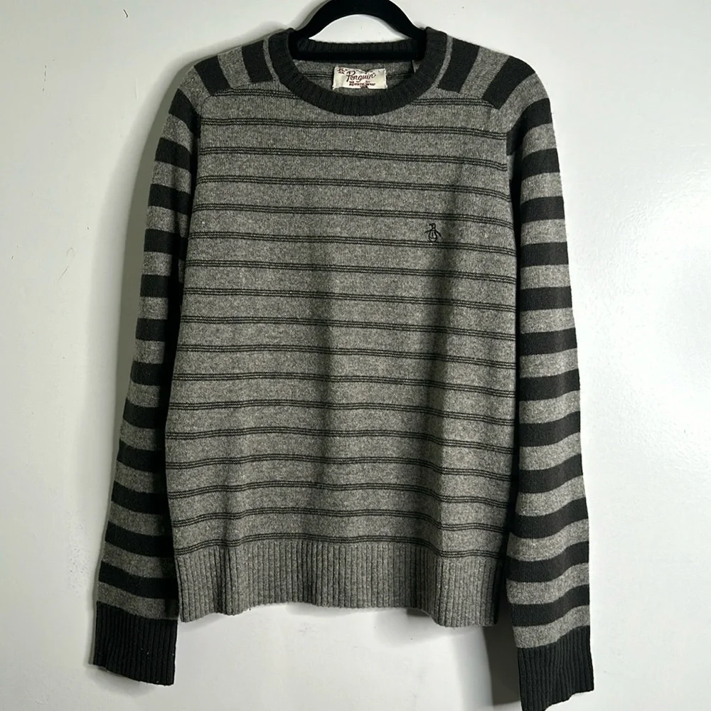 Penguin lamb wool gray striped sweater size large office career